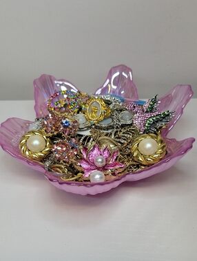 Pink Turkish Carnival Glass Dish Filled With Jewelry